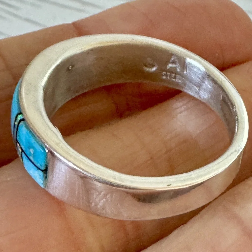 Navajo Inlay Turquoise Opal Wedding Band Sz 13 9mm Ring Men Signed AT B